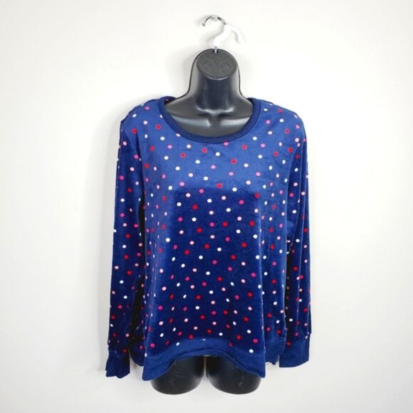 Kate Spade Fleece Velvet Polka Lounge Navy Sweatshirt Sleep Top M - Picture 1 of 8